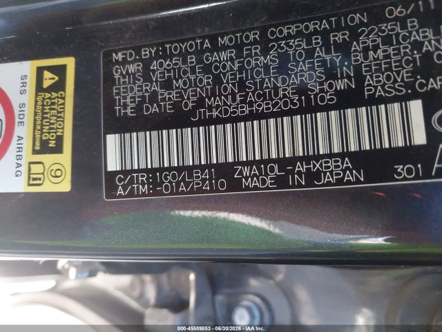 45509853 :رقم المزاد ، JTHKD5BH9B2031105 vin ، 2011 Lexus Ct 200h Premium مزاد بيع