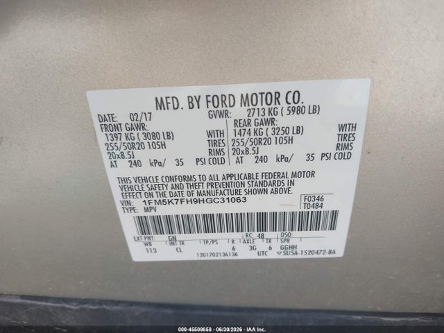 Ford Explorer Limited 2017 1FM5K7FH9HGC31063 Image 9