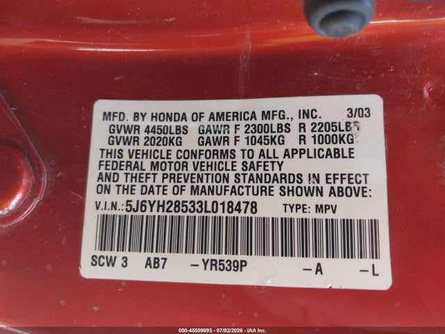 Aukcja sprzedaży 2003 Honda Element Ex, vin: 5J6YH28533L018478, numer aukcji: 45509893