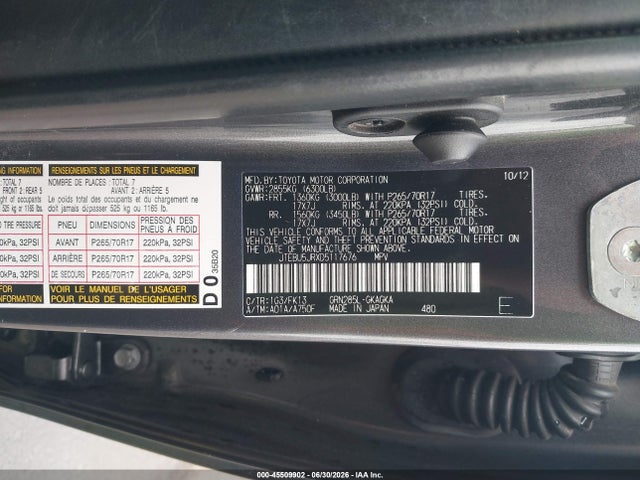 2013 Toyota 4runner Sr5 მანქანა იყიდება აუქციონზე, vin: JTEBU5JRXD5117676, აუქციონის ნომერი: 45509902