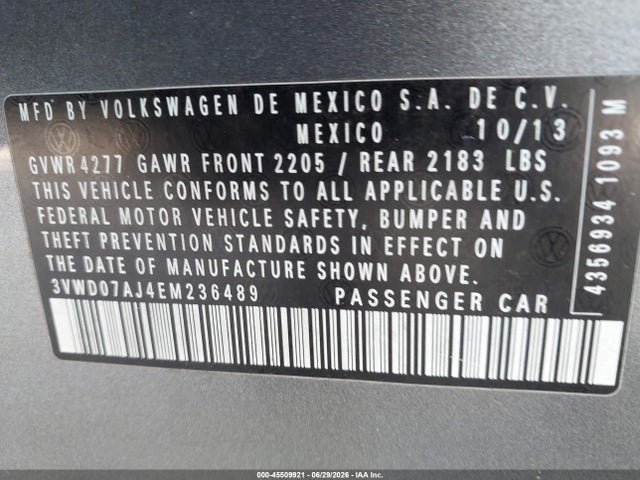 Aukcja sprzedaży 2014 Volkswagen Jetta 1.8t Se, vin: 3VWD07AJ4EM236489, numer aukcji: 45509921