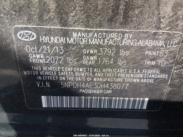 45509933 :رقم المزاد ، 5NPDH4AE3DH438077 vin ، 2013 Hyundai Elantra Gls مزاد بيع