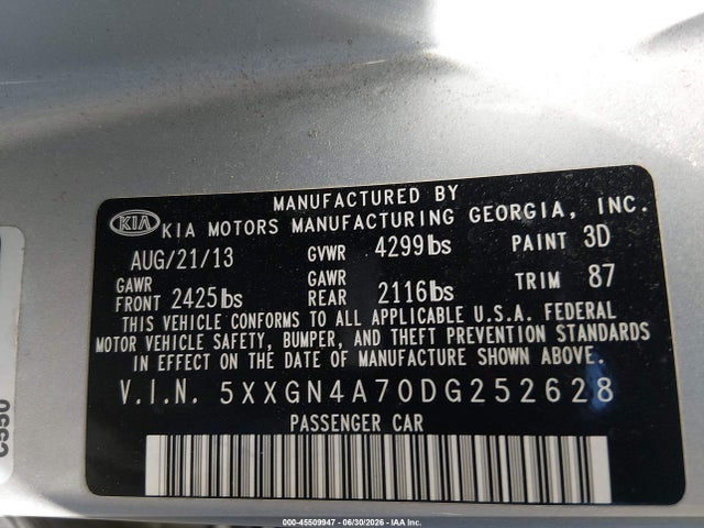 2013 Kia Optima Ex მანქანა იყიდება აუქციონზე, vin: 5XXGN4A70DG252628, აუქციონის ნომერი: 45509947