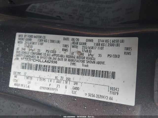 Auction sale of the 2020 Ford Ranger Xlt, vin: 1FTER1EH0LLA62596, lot number: 45509960