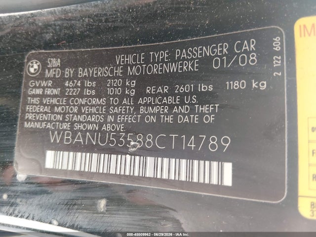 Продаж на аукціоні авто 2008 Bmw 528i, vin: WBANU53588CT14789, номер лоту: 45509962