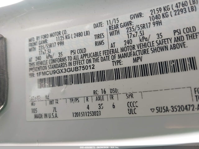45509975 :رقم المزاد ، 1FMCU9GX3GUB75012 vin ، 2016 Ford Escape Se مزاد بيع