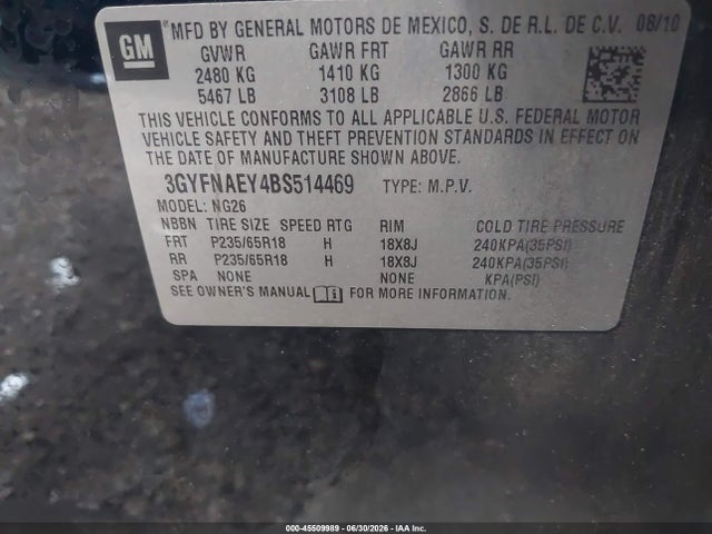 45509989 :رقم المزاد ، 3GYFNAEY4BS514469 vin ، 2011 Cadillac Srx Luxury Collection مزاد بيع