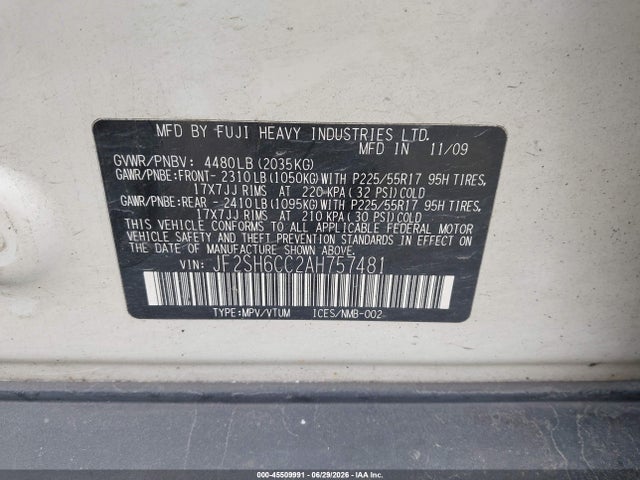 45509991 :رقم المزاد ، JF2SH6CC2AH757481 vin ، 2010 Subaru Forester 2.5x Premium مزاد بيع