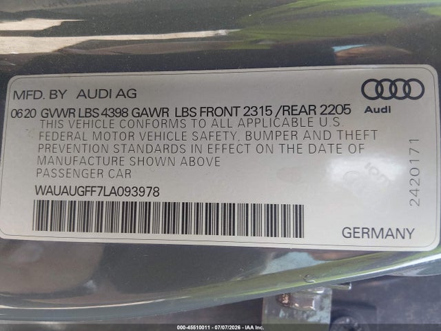 Aukcja sprzedaży 2020 Audi A3 Premium 40 Tfsi Front-wheel Drive S Tronic, vin: WAUAUGFF7LA093978, numer aukcji: 45510011