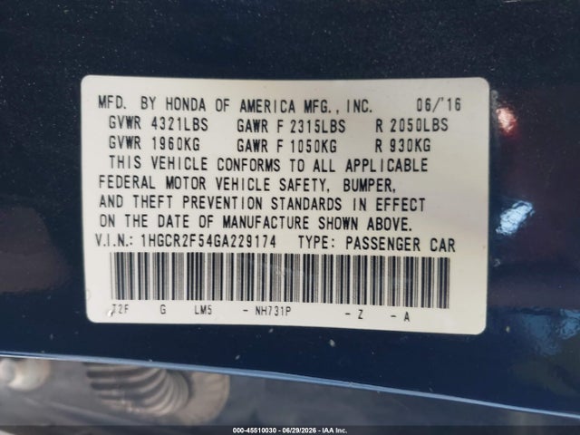 1HGCR2F54GA229174 Honda Accord Sport