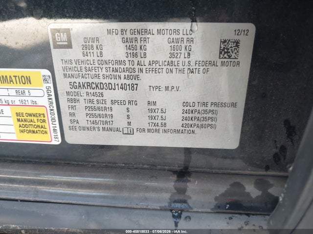 45510033 :رقم المزاد ، 5GAKRCKD3DJ140187 vin ، 2013 Buick Enclave Leather مزاد بيع