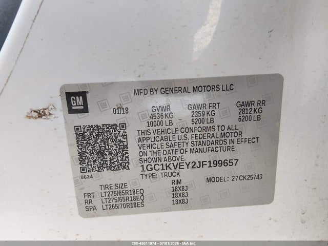 Продажа на аукционе авто 2018 Chevrolet Silverado 2500hd Lt, vin: 1GC1KVEY2JF199657, номер лота: 45511074
