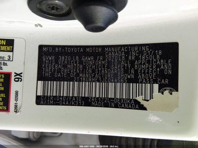 Auction sale of the 2018 Toyota Corolla L, vin: 2T1BURHE1JC044565, lot number: 45511080