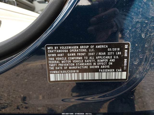 Продажа на аукционе авто 2018 Volkswagen Passat 2.0t Se, vin: 1VWBA7A39JC030618, номер лота: 45511095