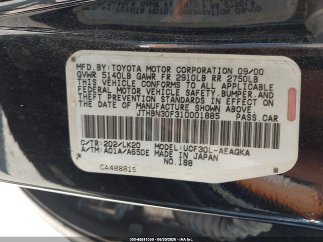 Aukcja sprzedaży 2001 Lexus Ls 430, vin: JTHBN30F310001885, numer aukcji: 45511099