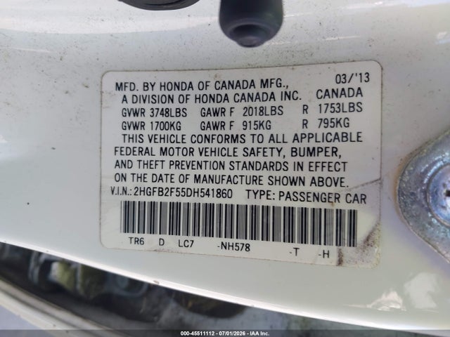 Aukcja sprzedaży 2013 Honda Civic Lx, vin: 2HGFB2F55DH541860, numer aukcji: 45511112
