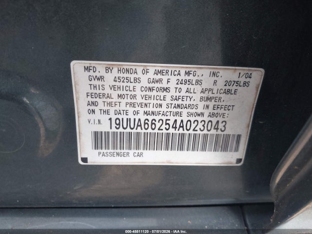 45511120 :رقم المزاد ، 19UUA66254A023043 vin ، 2004 Acura Tl مزاد بيع