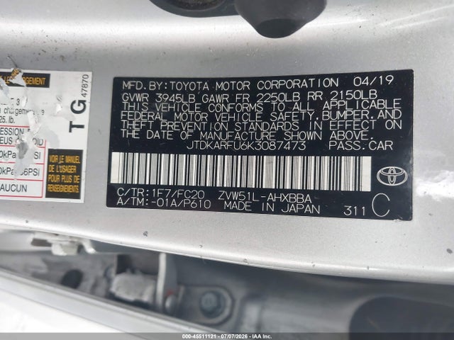 Продаж на аукціоні авто 2019 Toyota Prius L Eco, vin: JTDKARFU6K3087473, номер лоту: 45511121