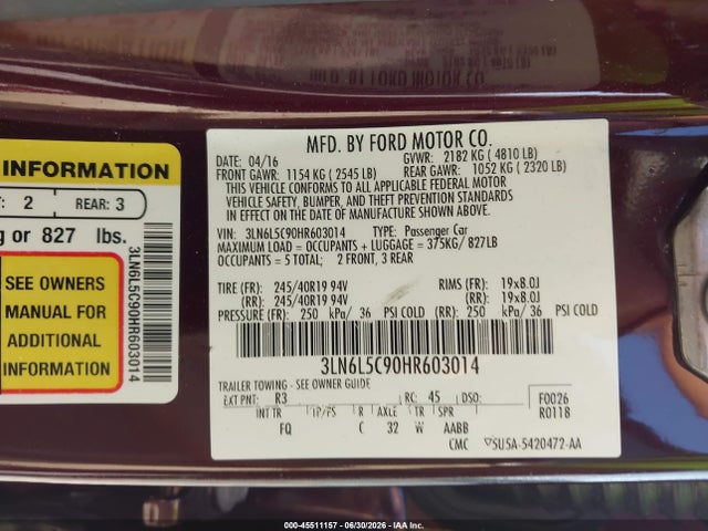 Продаж на аукціоні авто 2017 Lincoln Mkz Select, vin: 3LN6L5C90HR603014, номер лоту: 45511157