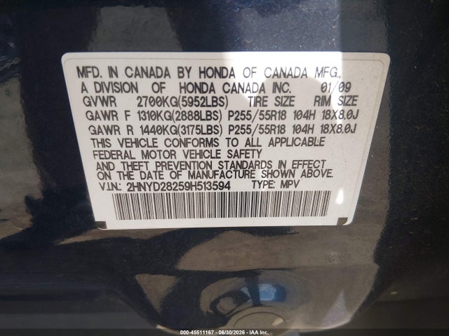 2009 Acura Mdx მანქანა იყიდება აუქციონზე, vin: 2HNYD28259H513594, აუქციონის ნომერი: 45511167
