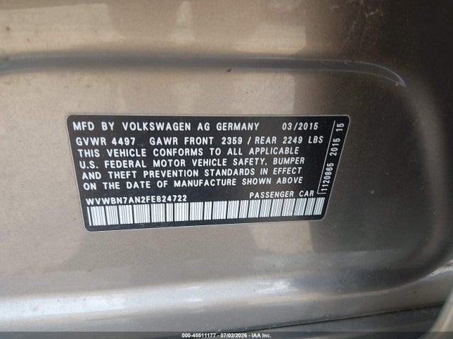 45511177 :رقم المزاد ، WVWBN7AN2FE824722 vin ، 2015 Volkswagen Cc 2.0t Sport مزاد بيع