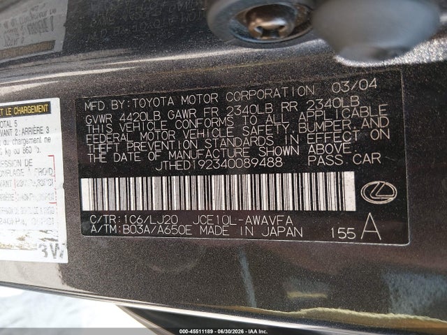 Aukcja sprzedaży 2004 Lexus Is 300 Sport Cross, vin: JTHED192340089488, numer aukcji: 45511189