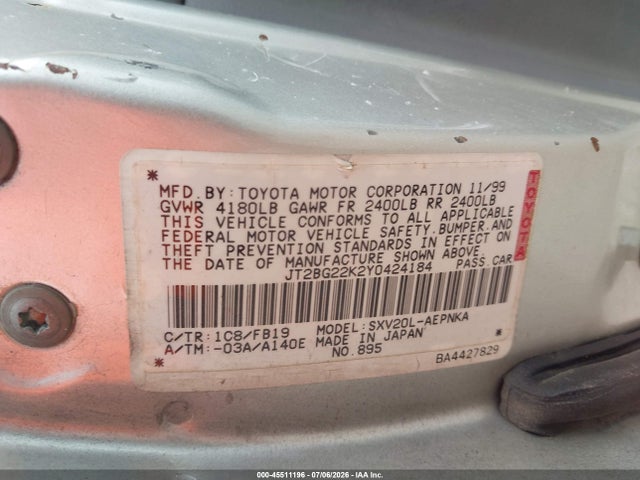 45511196 :رقم المزاد ، JT2BG22K2Y0424184 vin ، 2000 Toyota Camry Le مزاد بيع