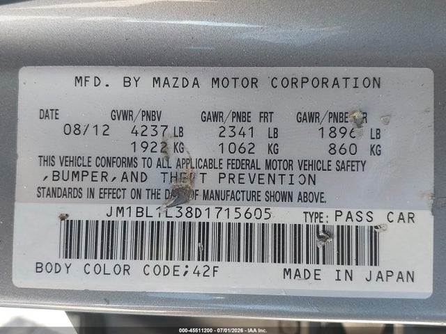 Aukcja sprzedaży 2013 Mazda Mazdaspeed3 Touring, vin: JM1BL1L38D1715605, numer aukcji: 45511200