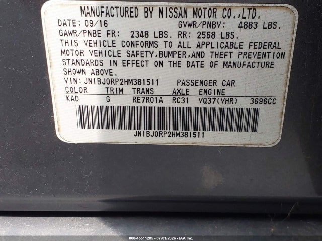 45511205 :رقم المزاد ، JN1BJ0RP2HM381511 vin ، 2017 Infiniti Qx50 مزاد بيع