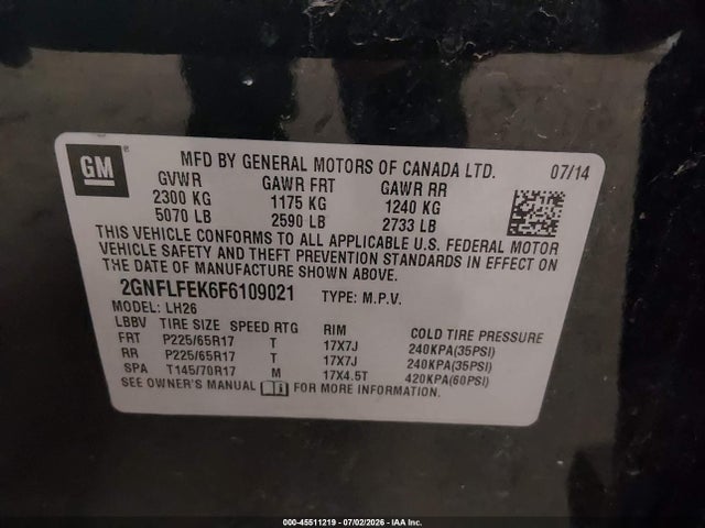 2015 Chevrolet Equinox Lt მანქანა იყიდება აუქციონზე, vin: 2GNFLFEK6F6109021, აუქციონის ნომერი: 45511219