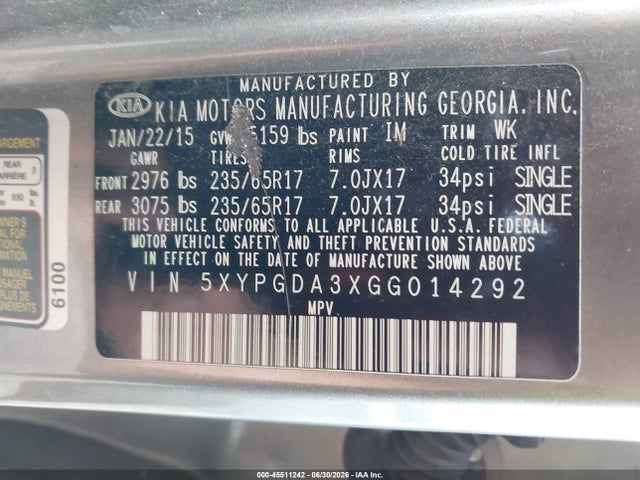 Продажа на аукционе авто 2016 Kia Sorento 2.4l Lx, vin: 5XYPGDA3XGG014292, номер лота: 45511242