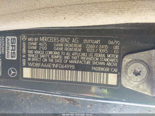 1992 Mercedes-benz 500 Sl მანქანა იყიდება აუქციონზე, vin: WDBFA66E1NF064998, აუქციონის ნომერი: 45511244