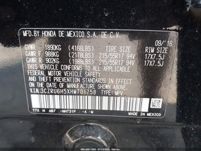 Aukcja sprzedaży 2017 Honda Hr-v Ex, vin: 3CZRU6H5XHM701758, numer aukcji: 45511250