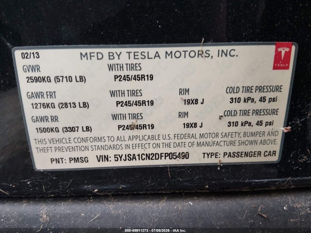 45511273 :رقم المزاد ، 5YJSA1CN2DFP05490 vin ، 2013 Tesla Model S مزاد بيع