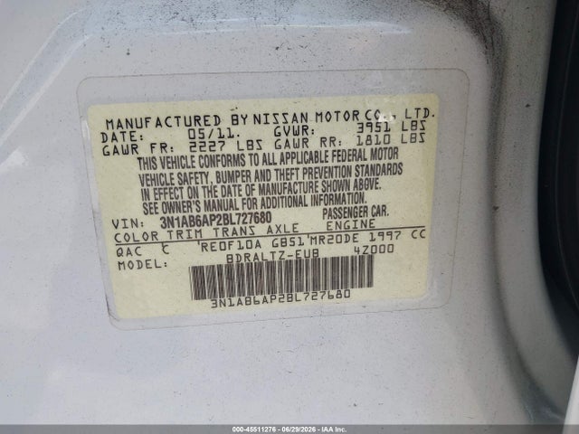 45511276 :رقم المزاد ، 3N1AB6AP2BL727680 vin ، 2011 Nissan Sentra 2.0s مزاد بيع