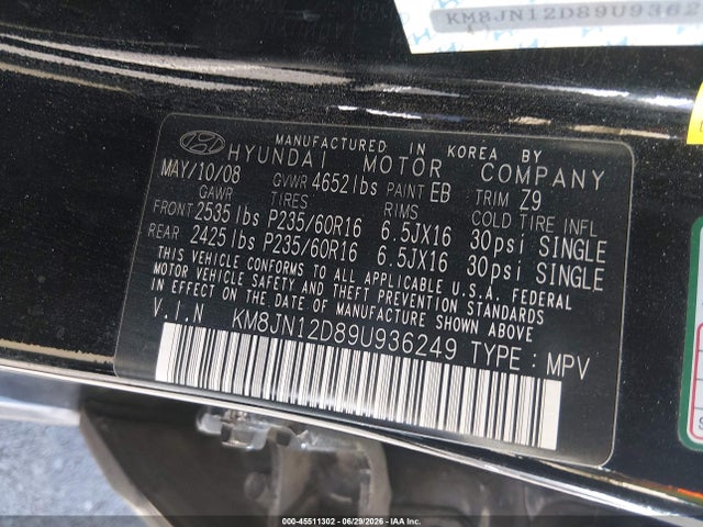 2009 Hyundai Tucson Limited V6 მანქანა იყიდება აუქციონზე, vin: KM8JN12D89U936249, აუქციონის ნომერი: 45511302