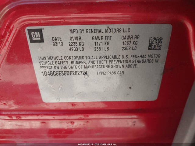 Продажа на аукционе авто 2013 Buick Lacrosse Leather Group, vin: 1G4GC5E36DF262724, номер лота: 45511313