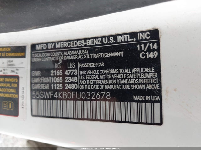 Auction sale of the 2015 Mercedes-benz C 300 4matic, vin: 55SWF4KB0FU032678, lot number: 45511314