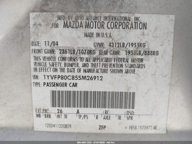 45511325 :رقم المزاد ، 1YVFP80C855M26912 vin ، 2005 Mazda Mazda6 I Base مزاد بيع