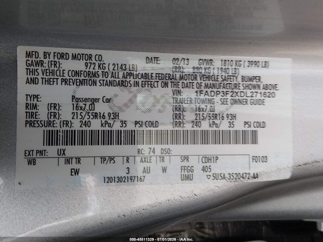 2013 Ford Focus Se მანქანა იყიდება აუქციონზე, vin: 1FADP3F2XDL271620, აუქციონის ნომერი: 45511329