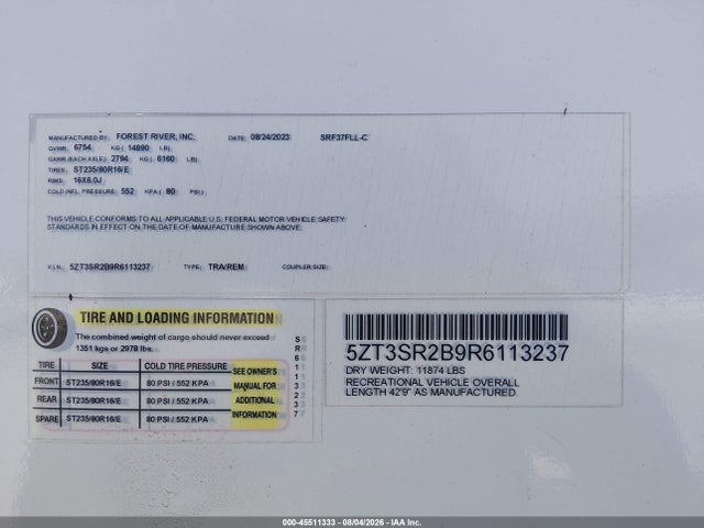 45511333 :رقم المزاد ، 5ZT3SR2B9R6113237 vin ، 2024 Forest River Sabre مزاد بيع