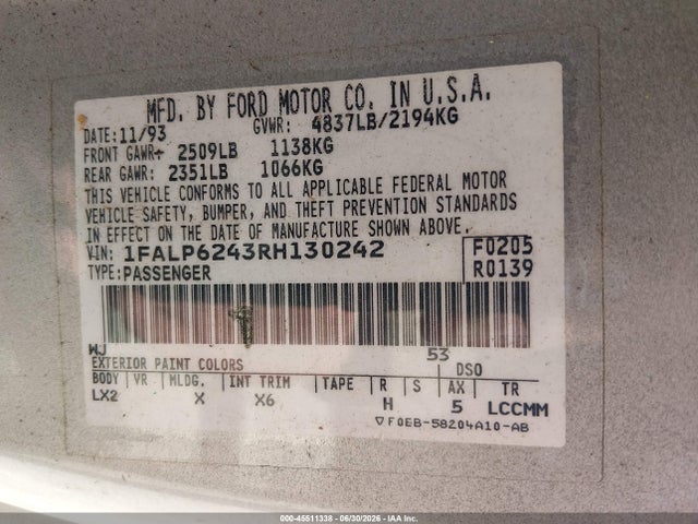 Продаж на аукціоні авто 1994 Ford Thunderbird Lx, vin: 1FALP6243RH130242, номер лоту: 45511338