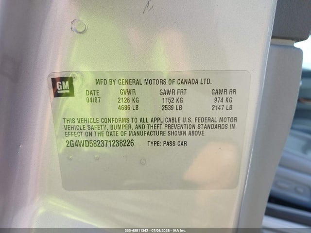 2007 Buick Lacrosse Cxl მანქანა იყიდება აუქციონზე, vin: 2G4WD582371238226, აუქციონის ნომერი: 45511342