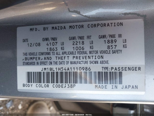 2010 Mazda Mazda3 S Grand Touring მანქანა იყიდება აუქციონზე, vin: JM1BL1H54A1110986, აუქციონის ნომერი: 45511349