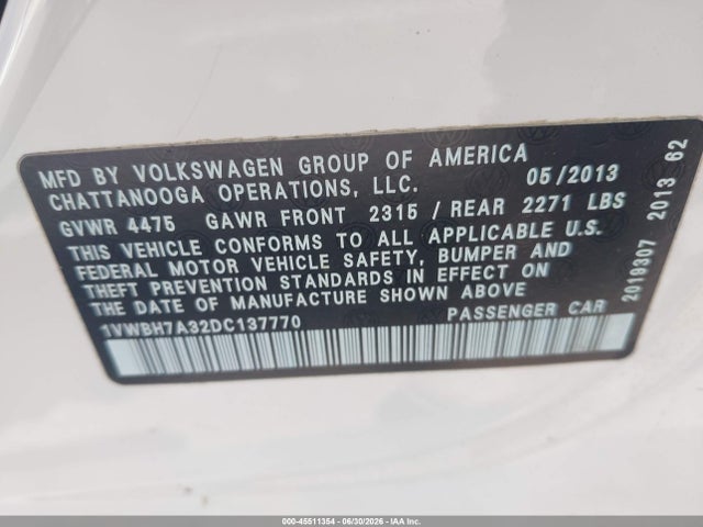 45511354 :رقم المزاد ، 1VWBH7A32DC137770 vin ، 2013 Volkswagen Passat 2.5l Se مزاد بيع