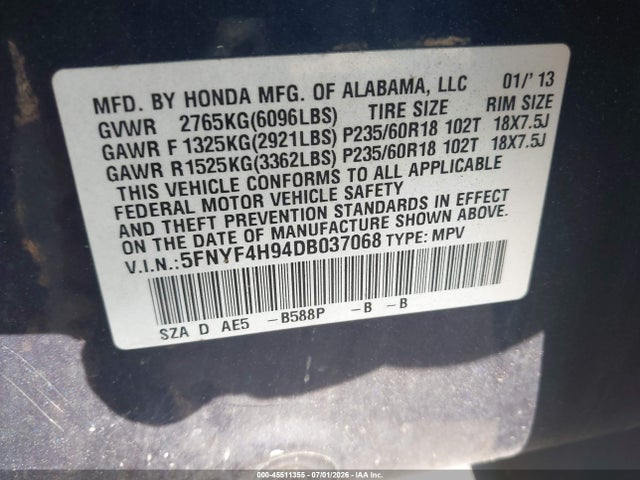 45511355 :رقم المزاد ، 5FNYF4H94DB037068 vin ، 2013 Honda Pilot Touring مزاد بيع
