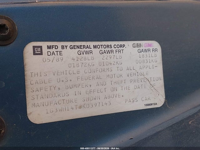 45511377 :رقم المزاد ، 1G3WH14T8KD397143 vin ، 1989 Oldsmobile Cutlass Supreme مزاد بيع