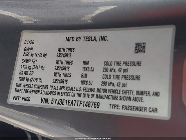 Aukcja sprzedaży 2026 Tesla Model 3 Premium Rear-wheel Drive/rear-wheel Drive, vin: 5YJ3E1EA7TF148769, numer aukcji: 45511379