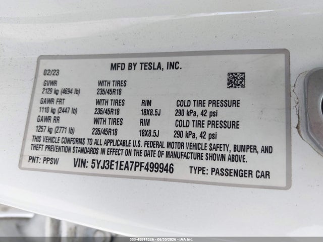 Tesla Model 3 Rear-wheel Drive 2023 5YJ3E1EA7PF499946 Image 9