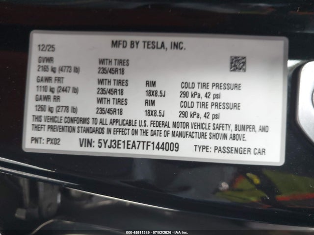 Aukcja sprzedaży 2026 Tesla Model 3 Premium Rear-wheel Drive/rear-wheel Drive, vin: 5YJ3E1EA7TF144009, numer aukcji: 45511389